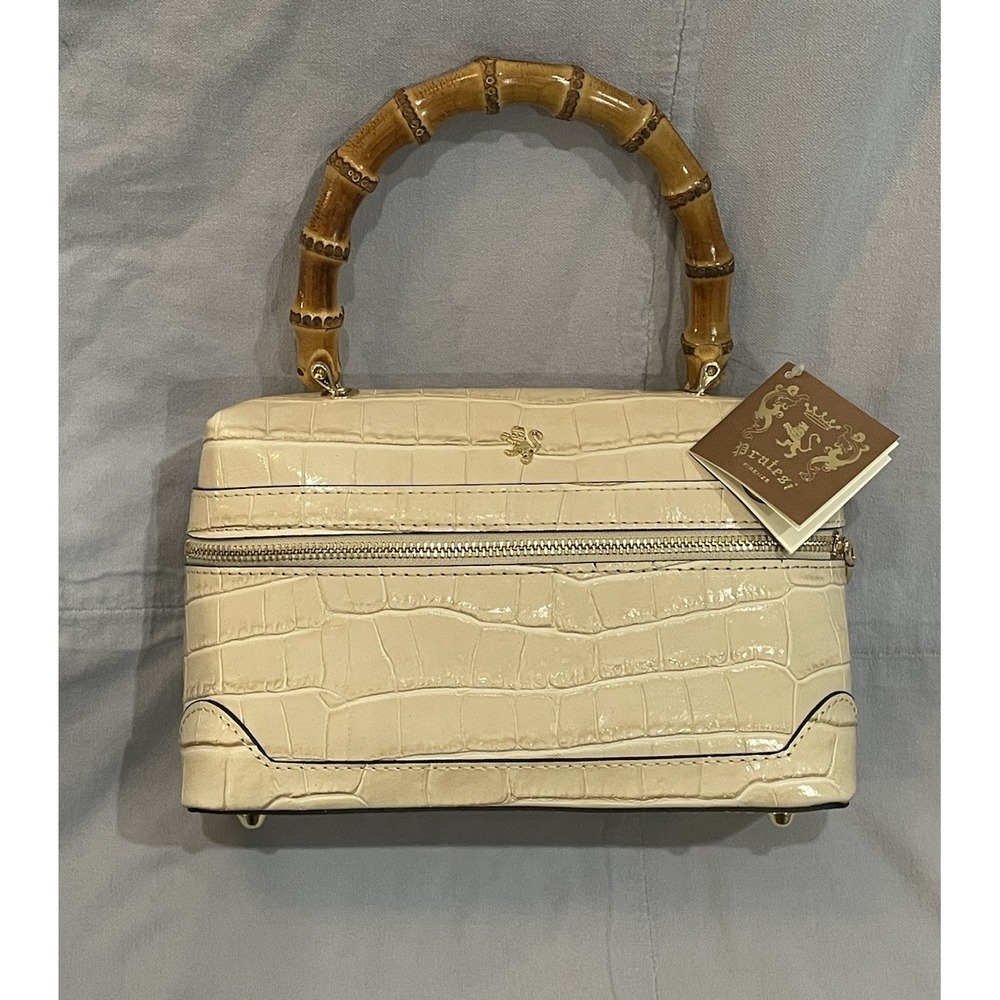 NEW Pratesi Firenze K249 White Leather Croc Style w/ Bamboo Handle Dustbag Strap